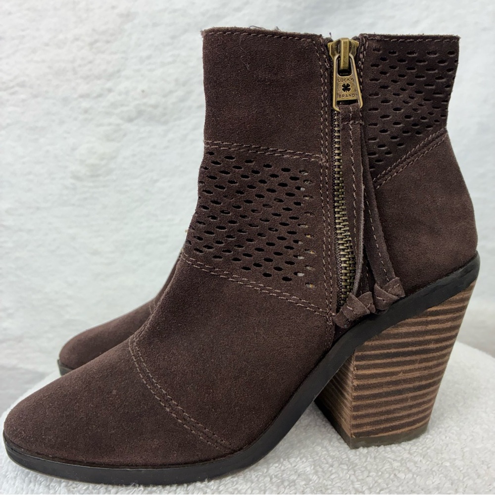 Lucky Brand Boho Perforated Leather Suede Booties Brown Stacked Heel Ankle Boots - Picture 4 of 10